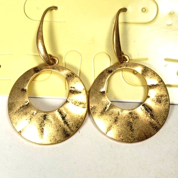 Hammered Gold tone Fishhook Hoop Drop Earrings - Picture 1 of 7